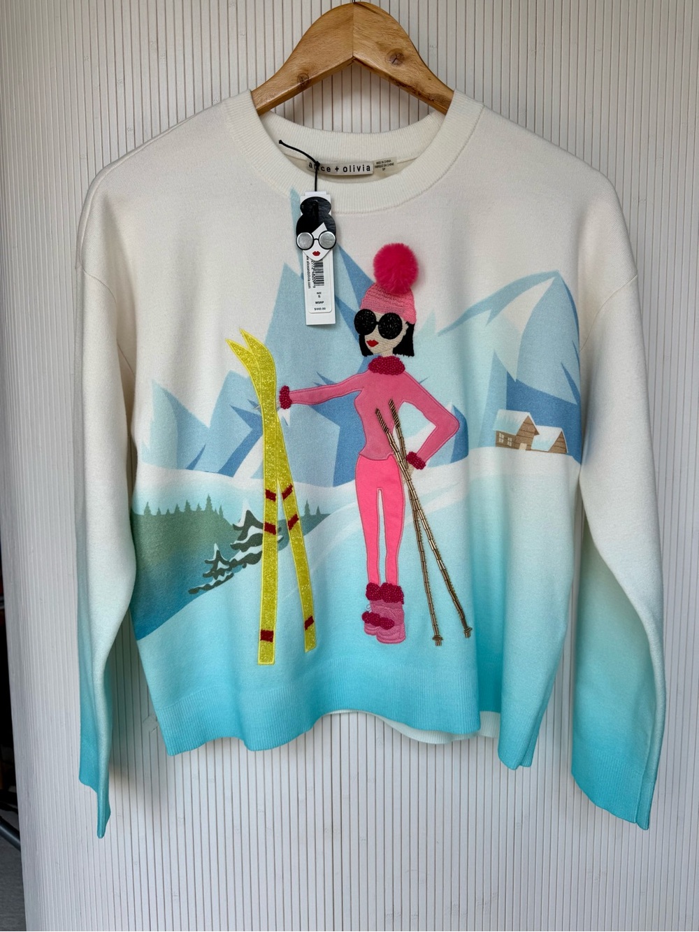 Alice + Olivia Gleeson Embellished Ski Print Pullover Sweater Size S NWT